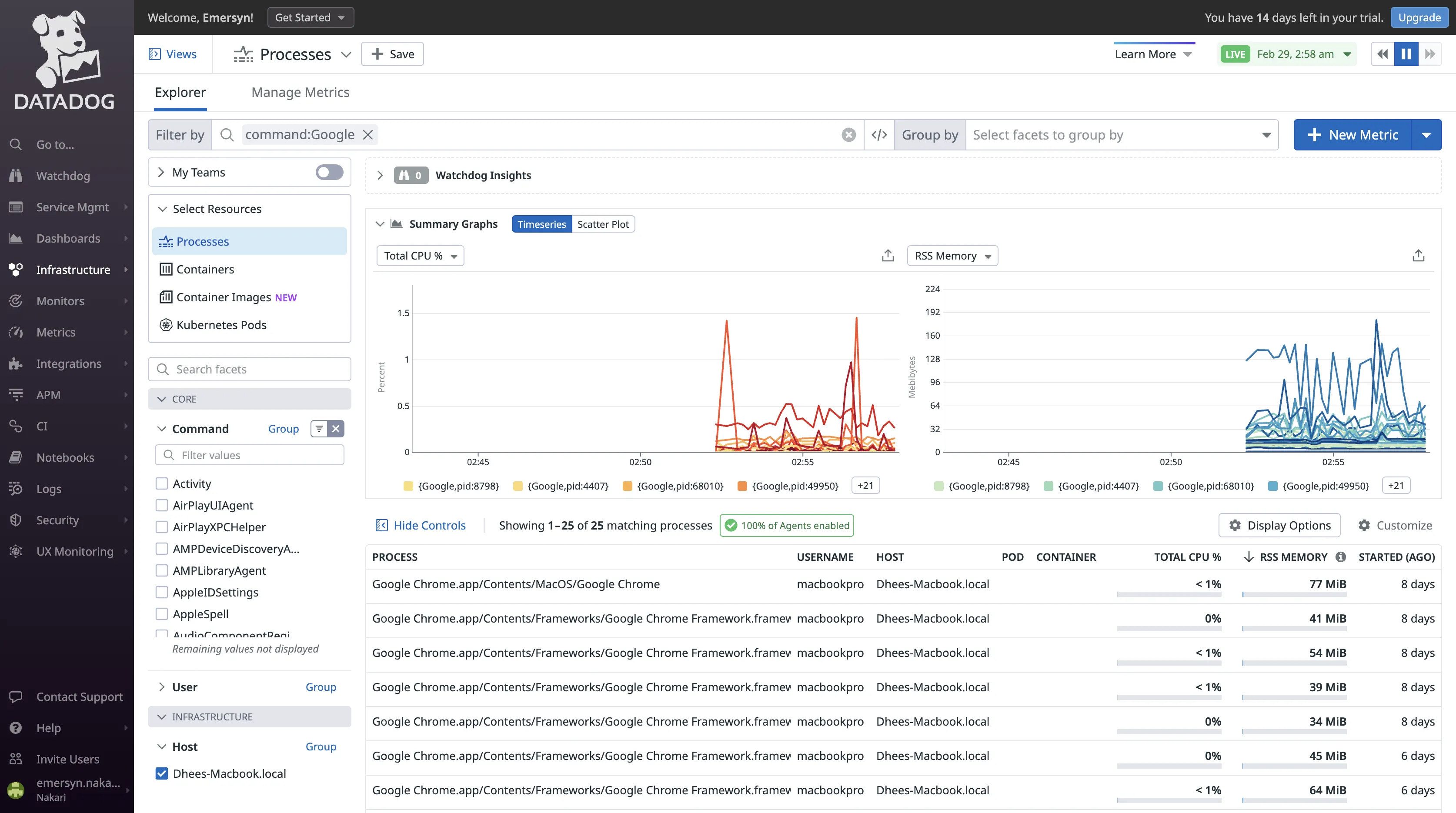 Datadog insights into processes running on host infrastructure