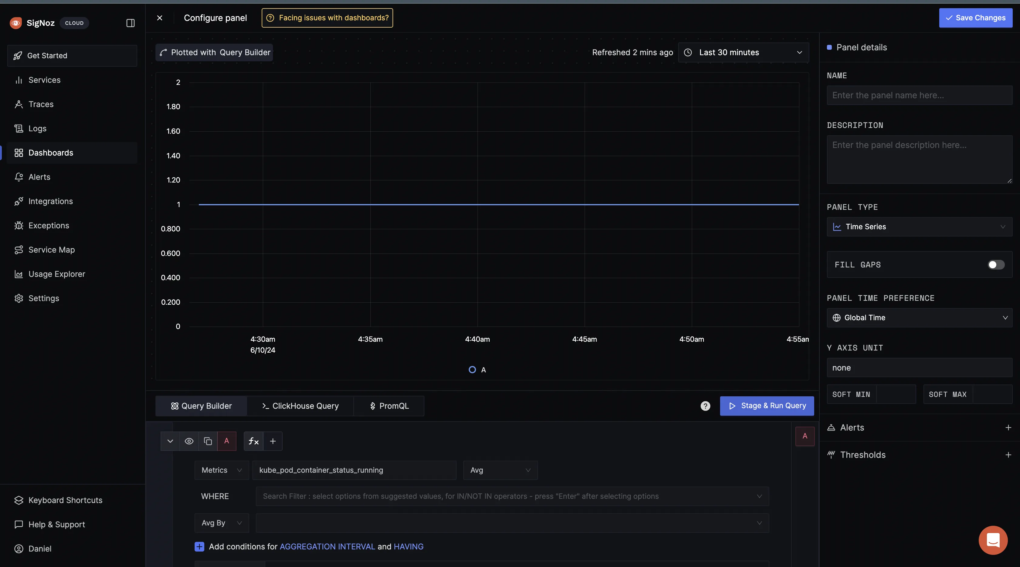 Kubernetes metrics being queried in SigNoz dashboard