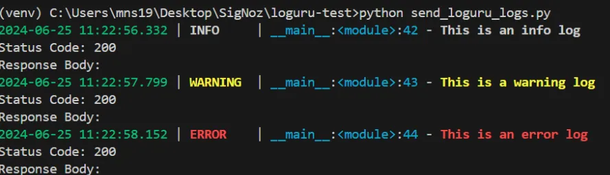 This resulting output in the console illustrates successful delivery of log records to SigNoz Cloud