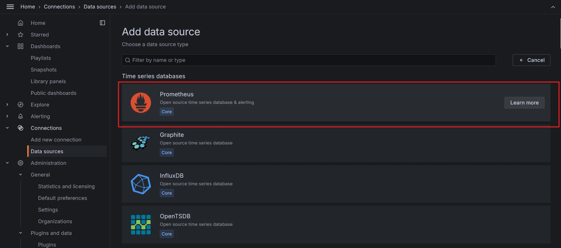 Selecting Prometheus as the data source